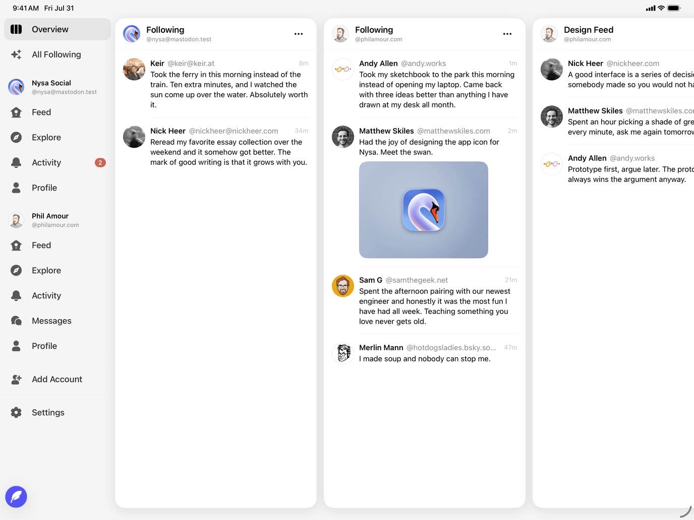 Nysa on iPad showing the multi-column Overview workspace