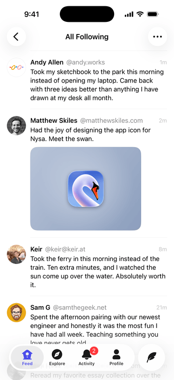 Nysa on iPhone showing the All Following feed